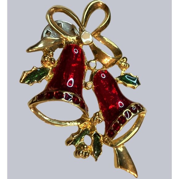 Vintage Gold-Tone Red Enamel Christmas Bell Brooch With Holly  Bow Pin Jewelry - Picture 4 of 11